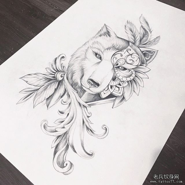 黑灰狐狸花卉纹身手稿