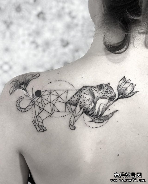 肩背几何豹子花朵纹身图案