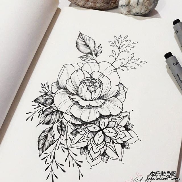 黑灰花朵梵花纹身手稿