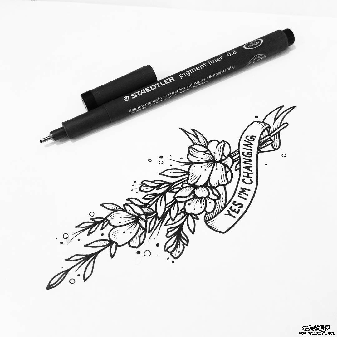 黑灰花束飘带纹身手稿