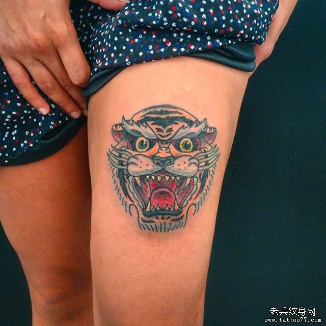 大腿school虎头纹身图案