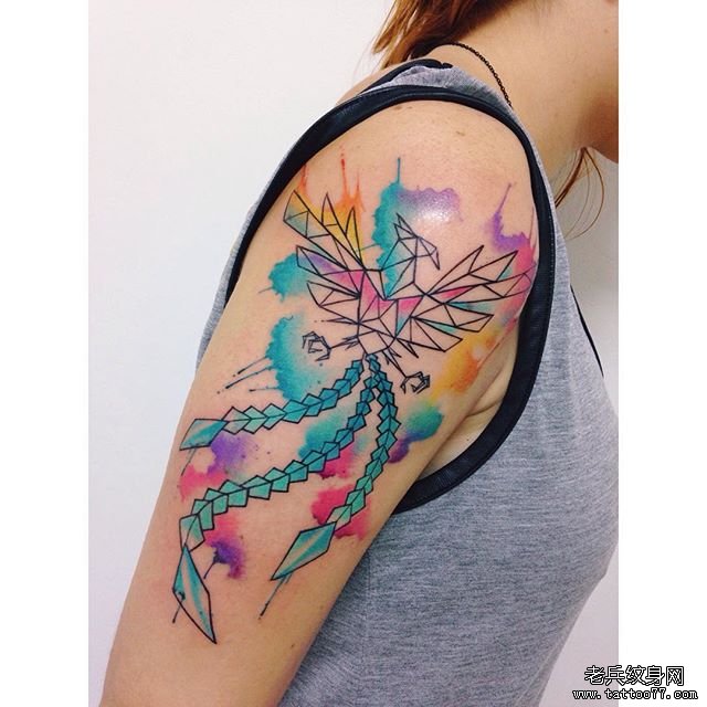 大臂水彩几何凤凰纹身图案