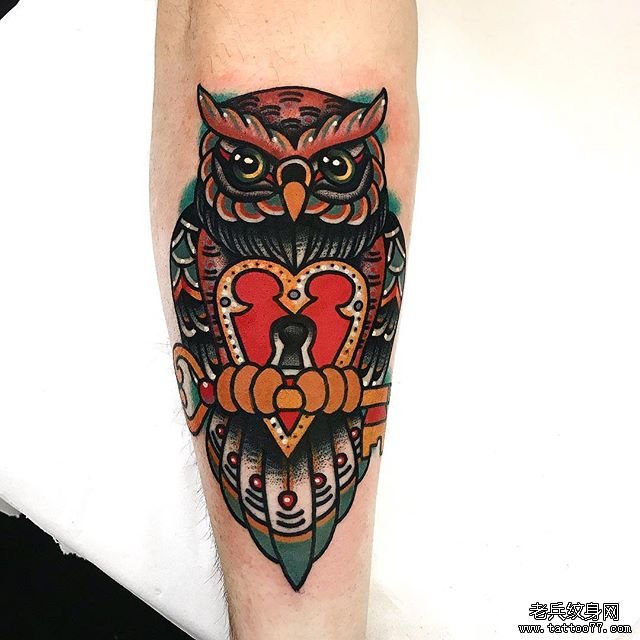 色彩猫头鹰小腿纹身