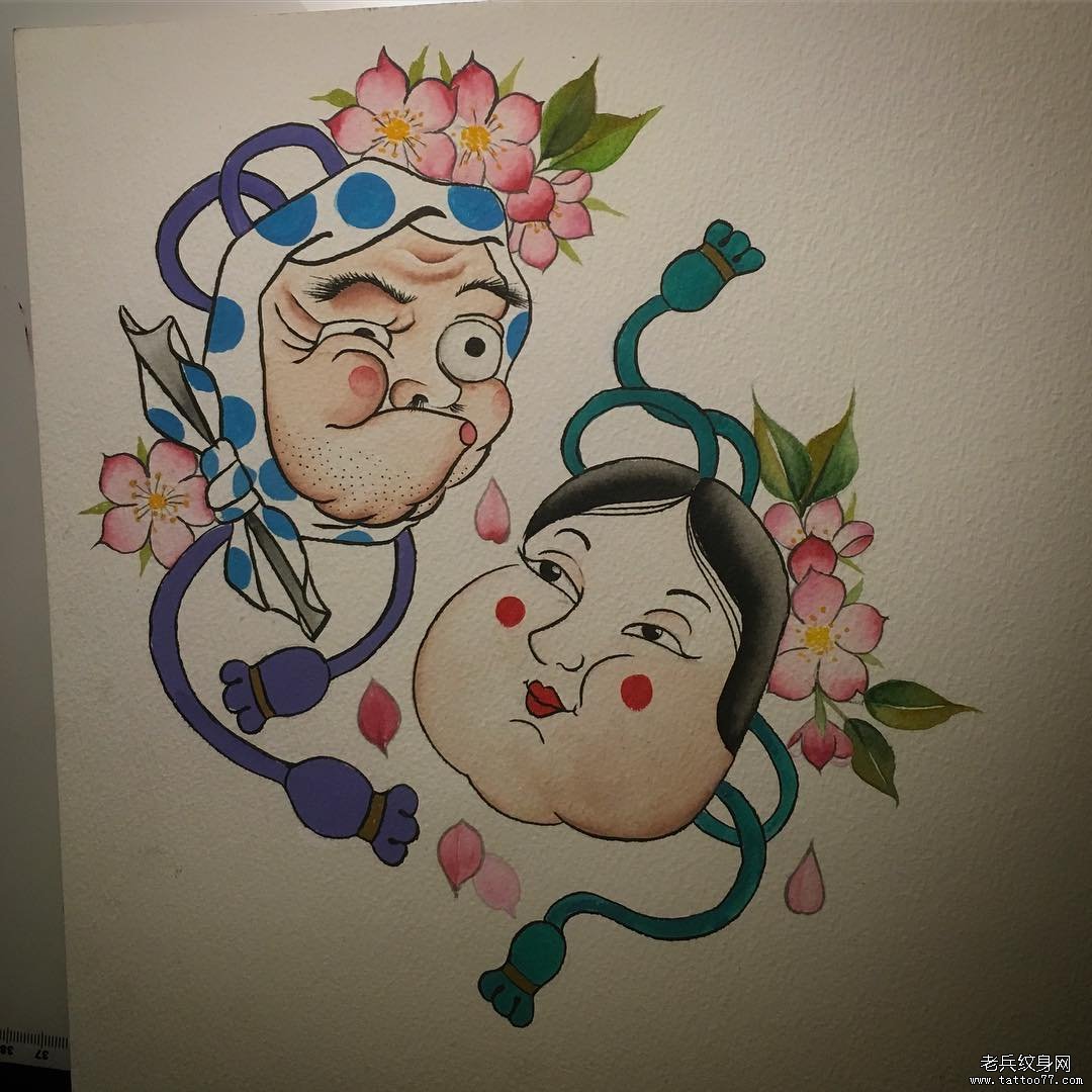 水彩多福吹火男纹身手稿
