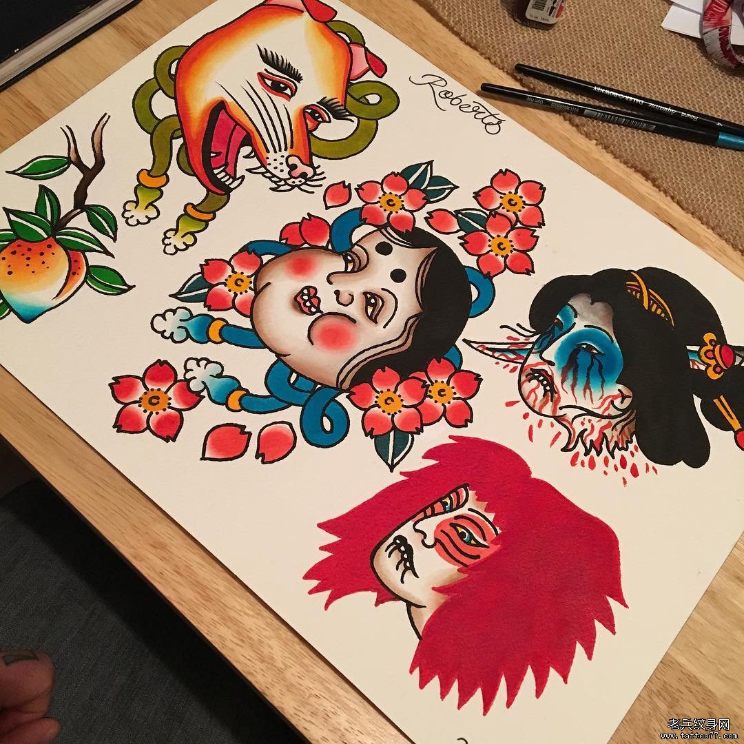 日式水彩纹身手稿图案