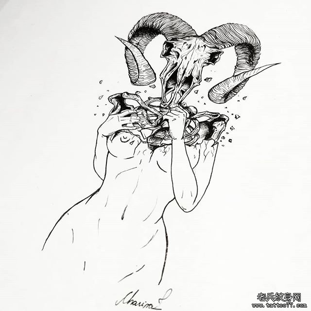 黑灰人羊头纹身手稿