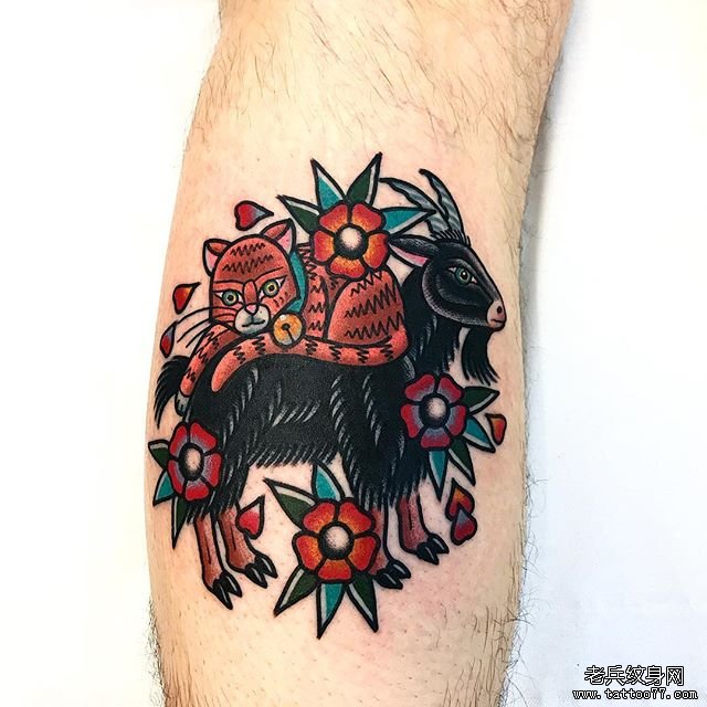 色彩山羊猫咪小腿纹身图案