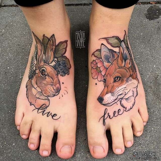 脚背school狐狸兔子纹身图案