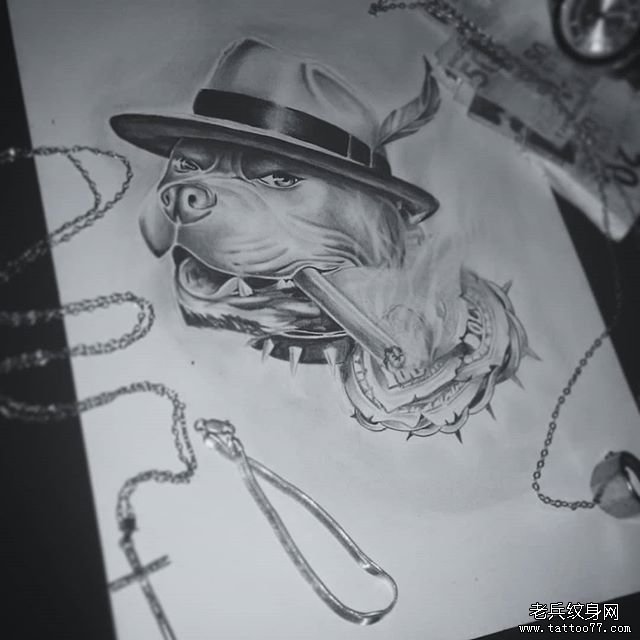 chicano风格写实狗纹身手稿