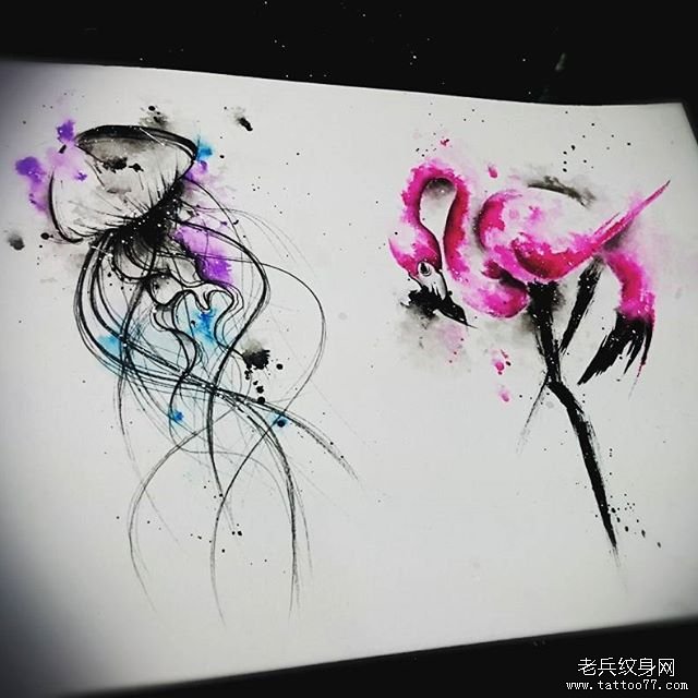 水彩泼墨火烈鸟水母纹身手稿图案