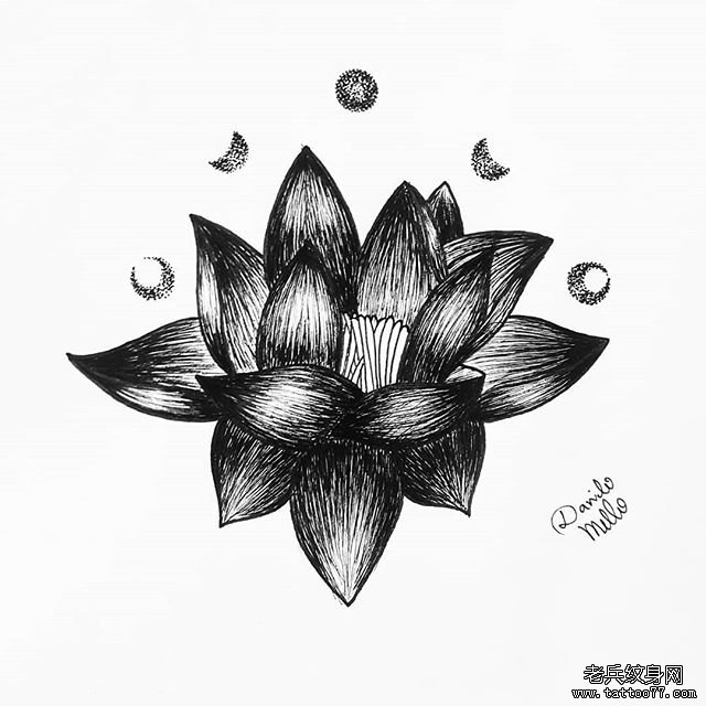 个性暗黑线条莲花纹身图案