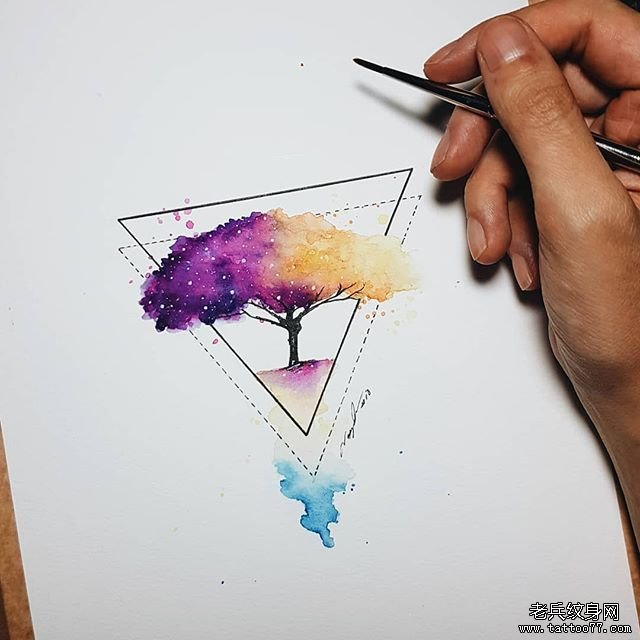 色彩树水彩几何文身手稿