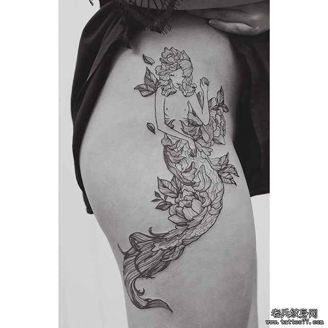 大腿树叶美人鱼纹身图案