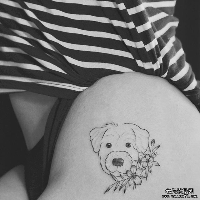 大腿小清新简笔画狗狗小花纹身图案