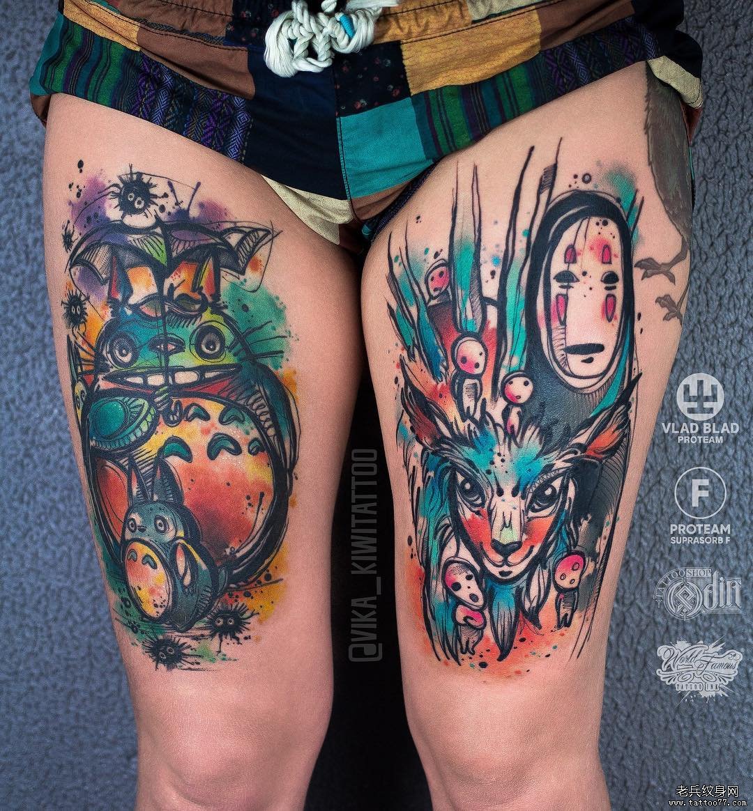 大腿水彩泼墨龙猫千寻纹身图案