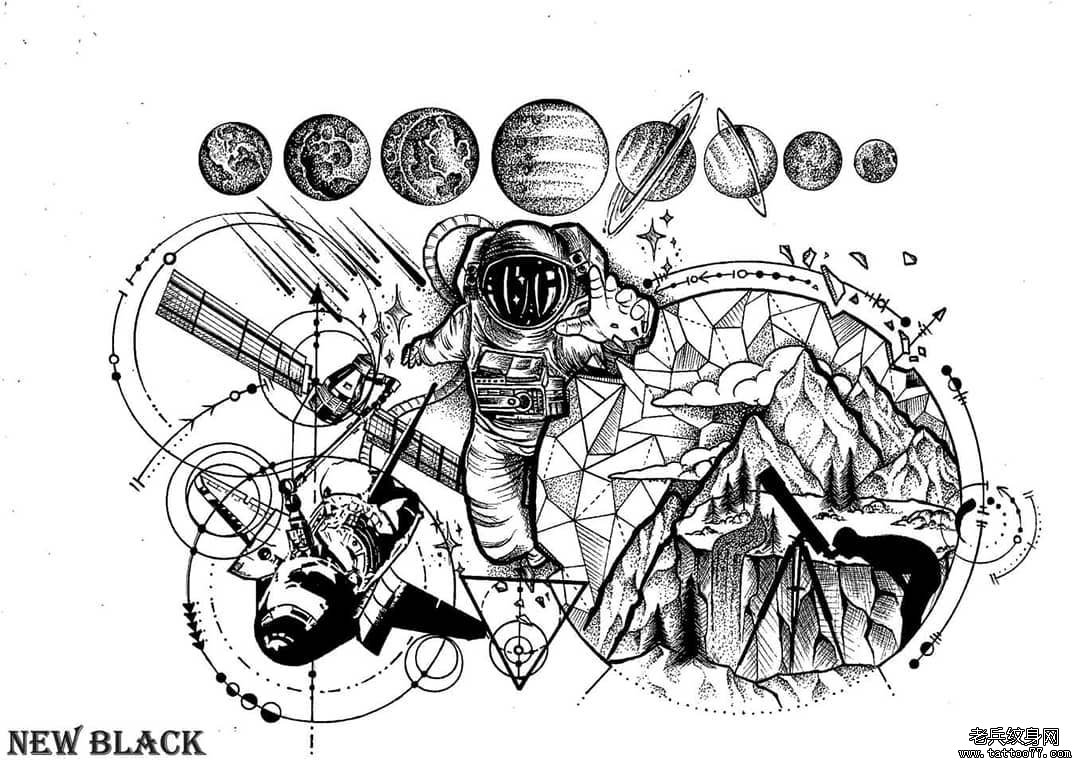 黑灰太空星球纹身手稿