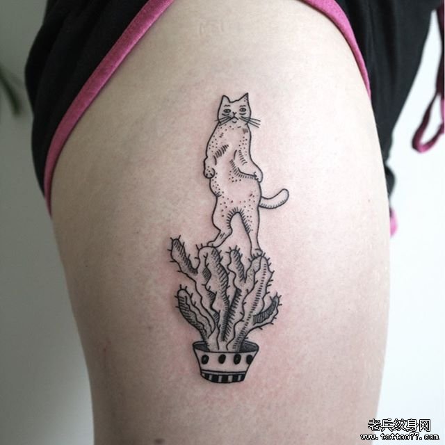 大腿个性线条点刺猫咪纹身图案