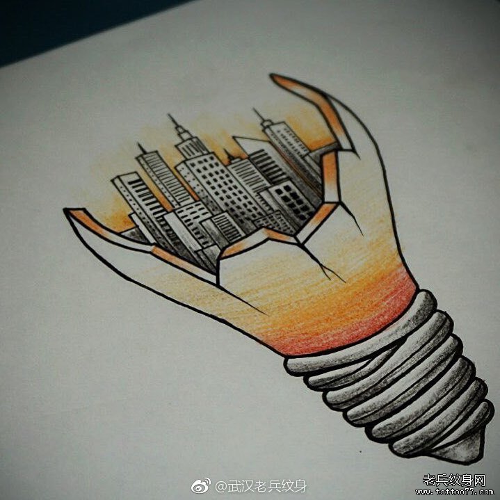 色彩灯泡风景纹身手稿