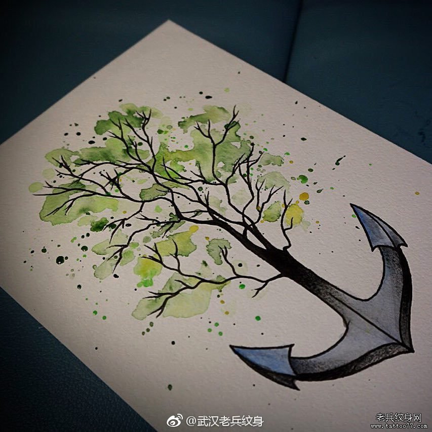 色彩船锚纹身手稿