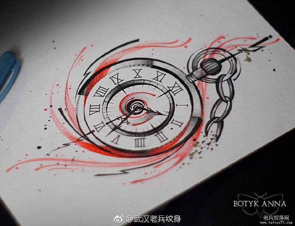 色彩怀表纹身手稿