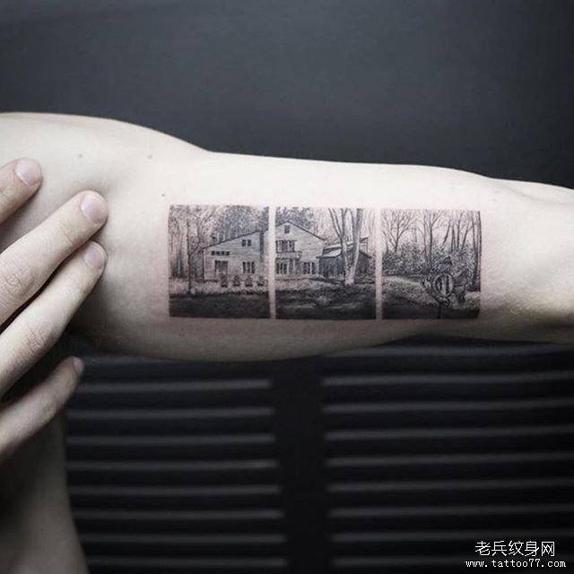 大臂方块风景纹身图案
