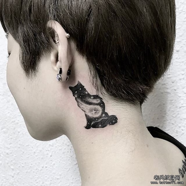 耳后小清新猫咪星空纹身图案