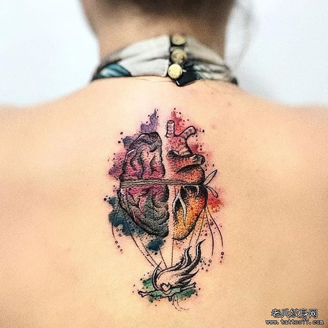 后背泼墨脑心脏纹身图案