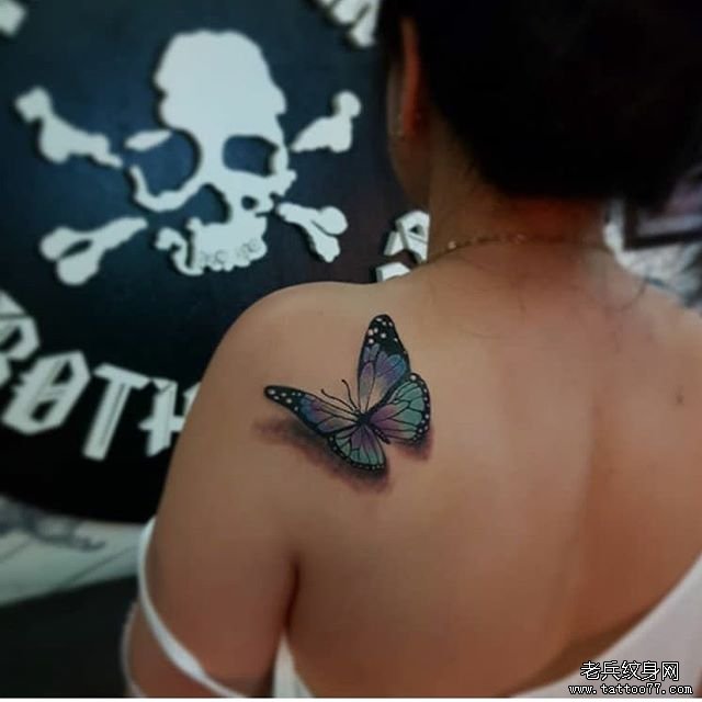 肩背色彩蝴蝶纹身图案