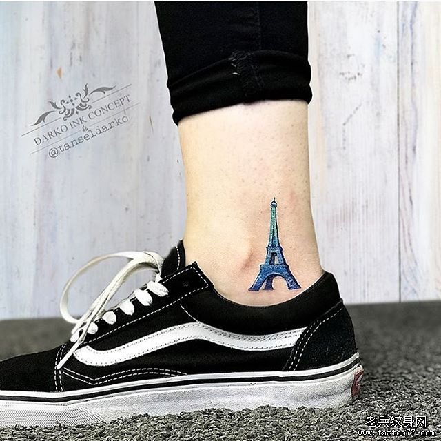 脚踝小清新色彩埃菲尔铁塔纹身图案
