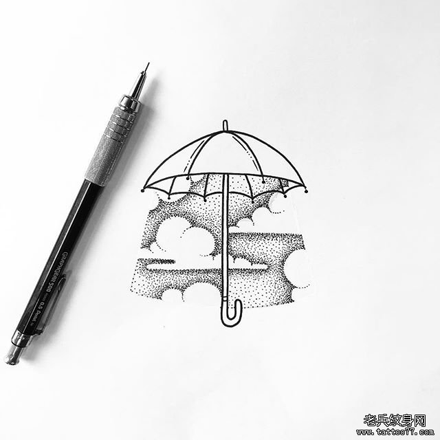 黑灰点刺雨伞纹身图案