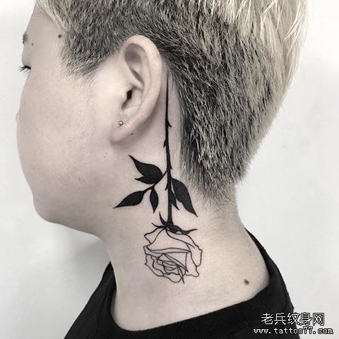 耳后暗黑玫瑰纹身图案