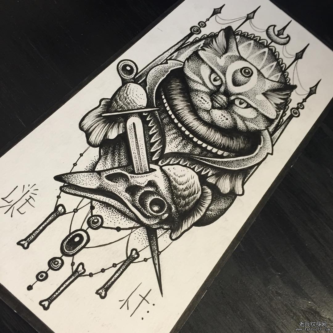 手臂黑灰猫咪纹身手稿