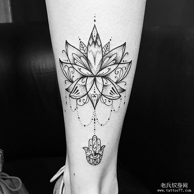 小腿点刺梵花纹身图案
