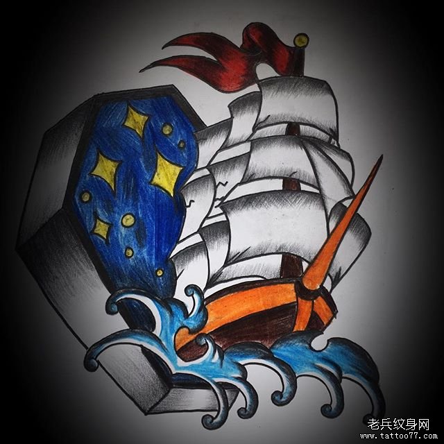 色彩帆船纹身图案
