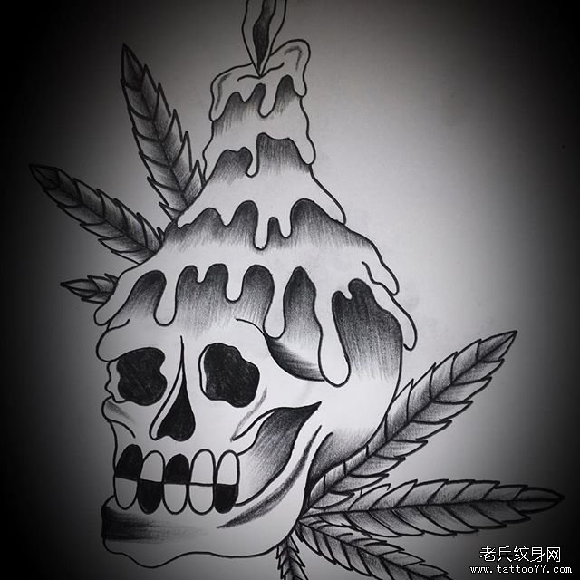 黑灰骷髅叶子纹身图案