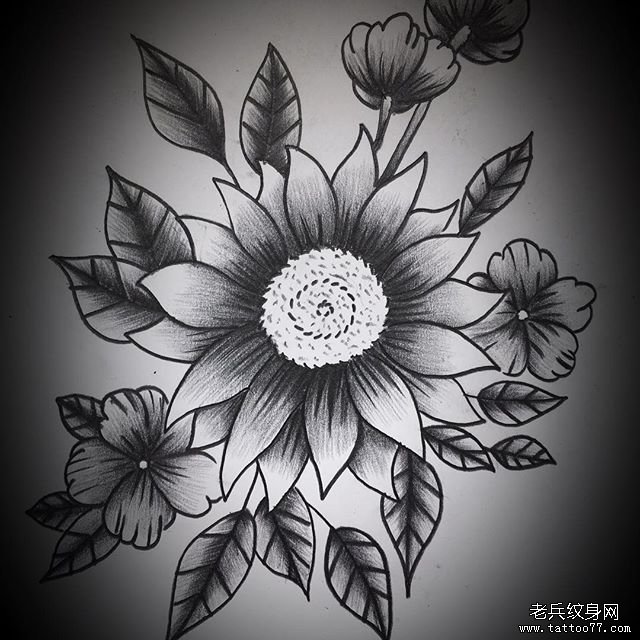 黑灰向日葵纹身图案