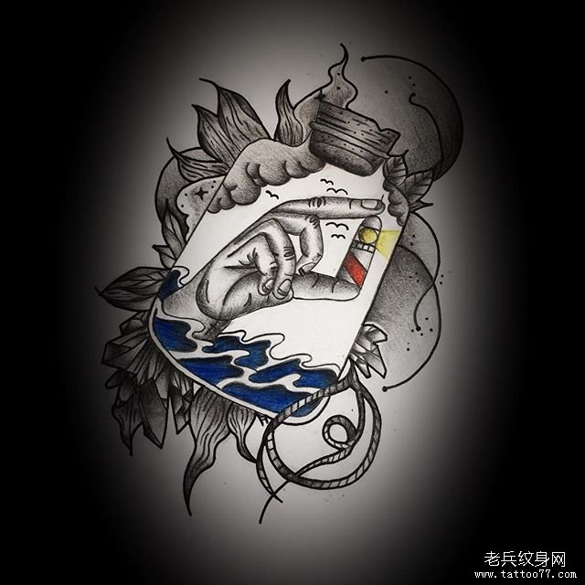 黑灰漂流瓶手灯塔纹身图案