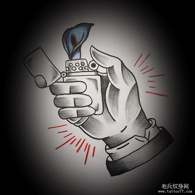 黑灰手打火机纹身图案