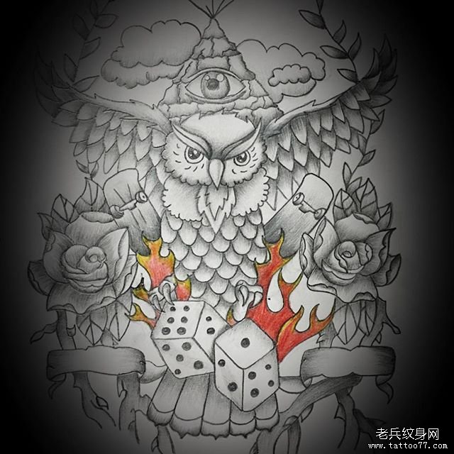 黑灰猫头鹰纹身图案
