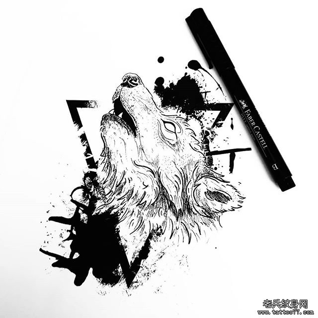 个性几何水墨狼头纹身手稿