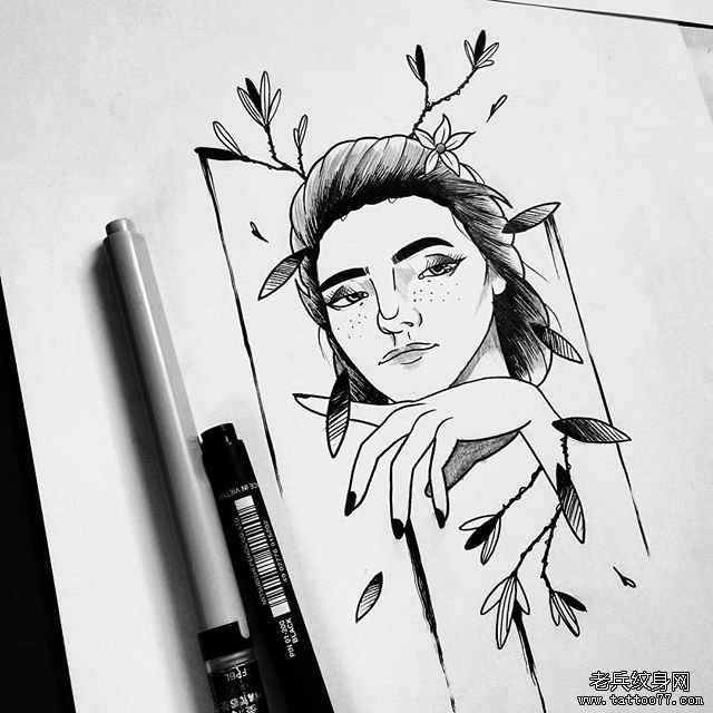 个性黑灰简笔画女生纹身图案