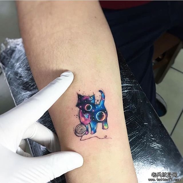 小臂色彩猫咪星空纹身图案