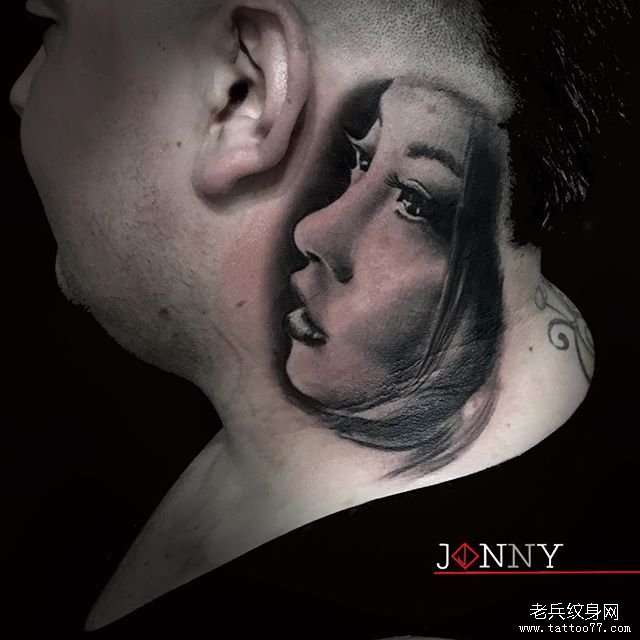 脖子写实肖像纹身图案