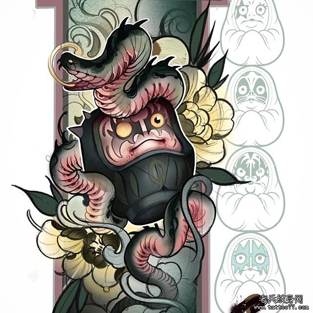 彩色暗黑蛇达摩蛋纹身手稿