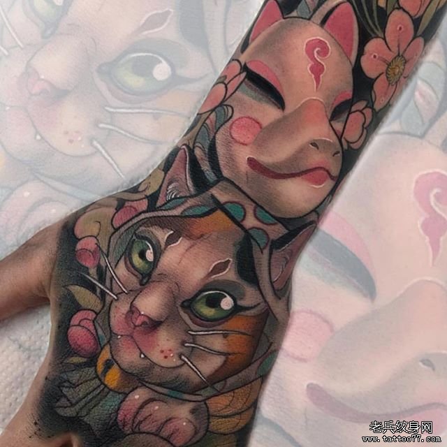 彩色newschool风格猫兔子纹身图案