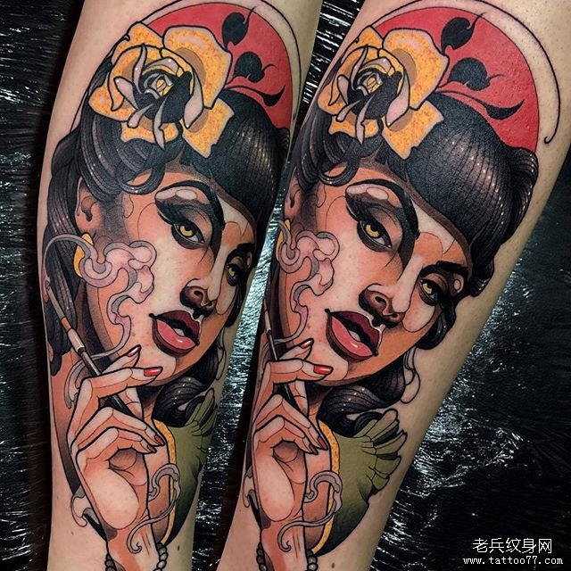 色彩女郎玫瑰纹身图案