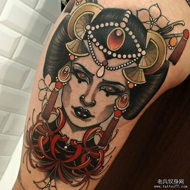 色彩女郎彼岸花纹身图案
