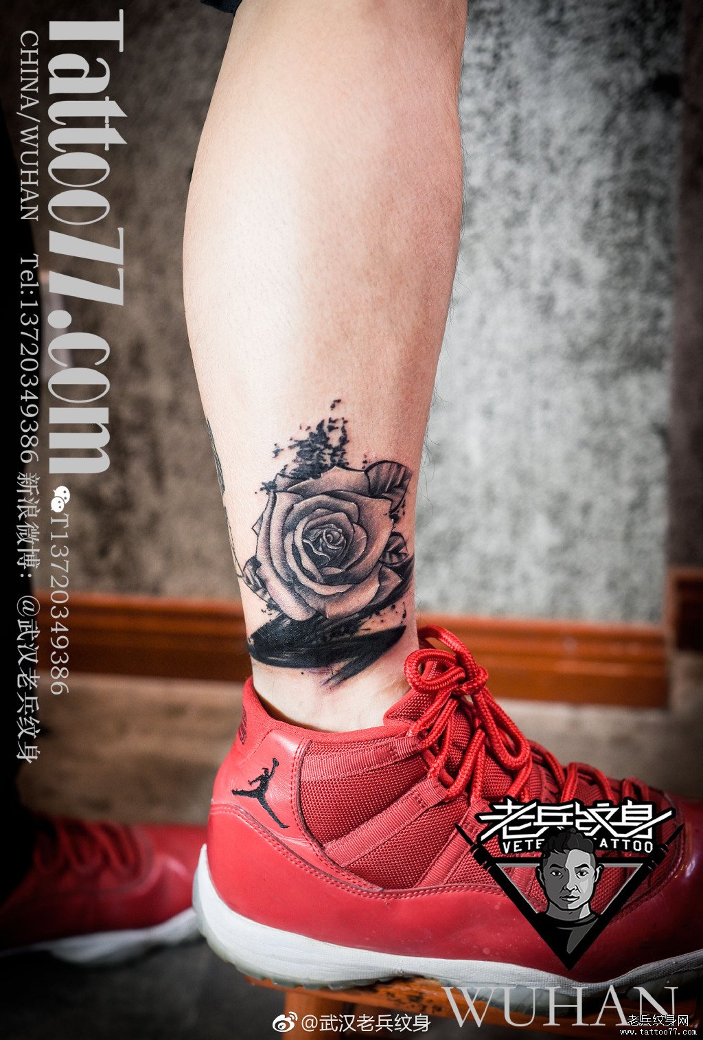 小腿水墨玫瑰纹身图案