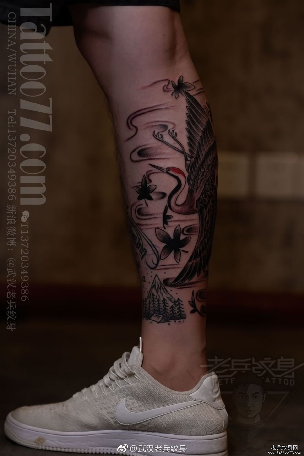 小腿仙鹤纹身图案