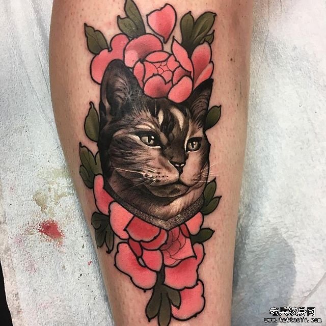 色彩猫花朵纹身